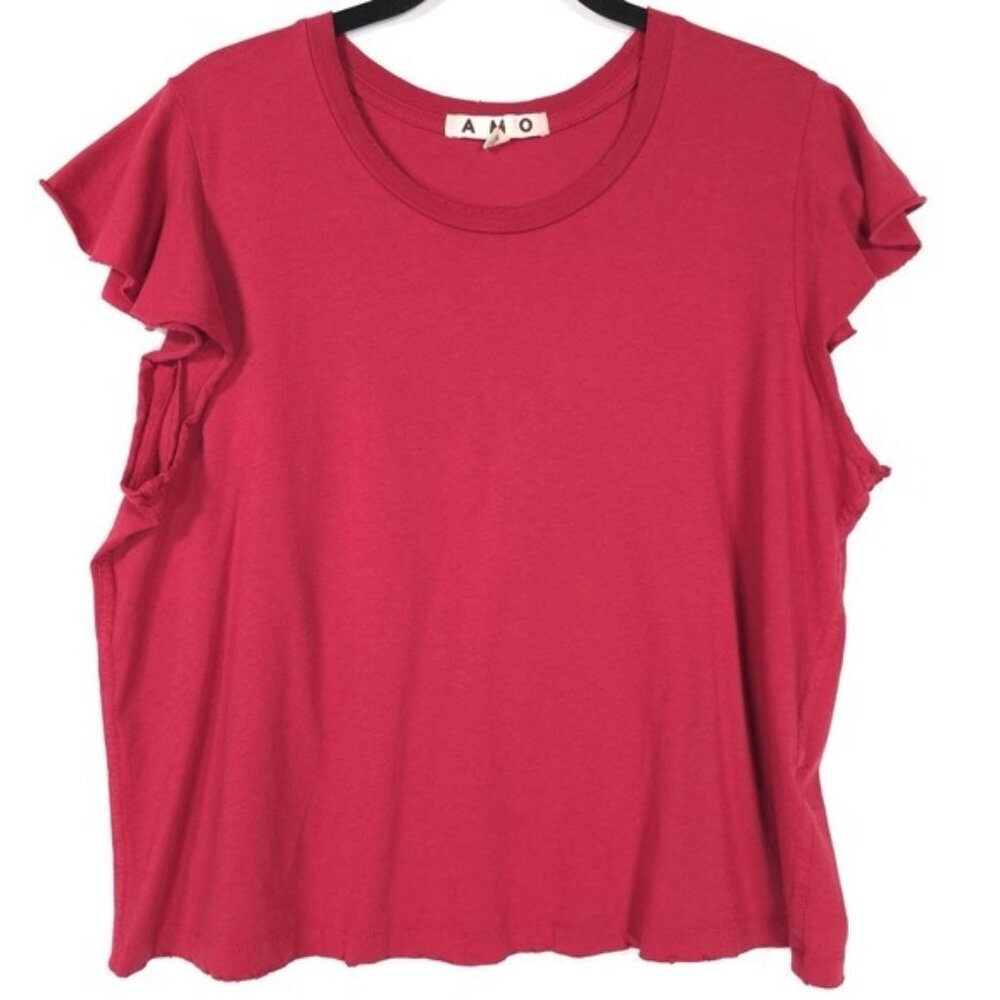 AMO Women's Distressed Edges Flutter Sleeve T Shirt LARGE USA MADE Cotton